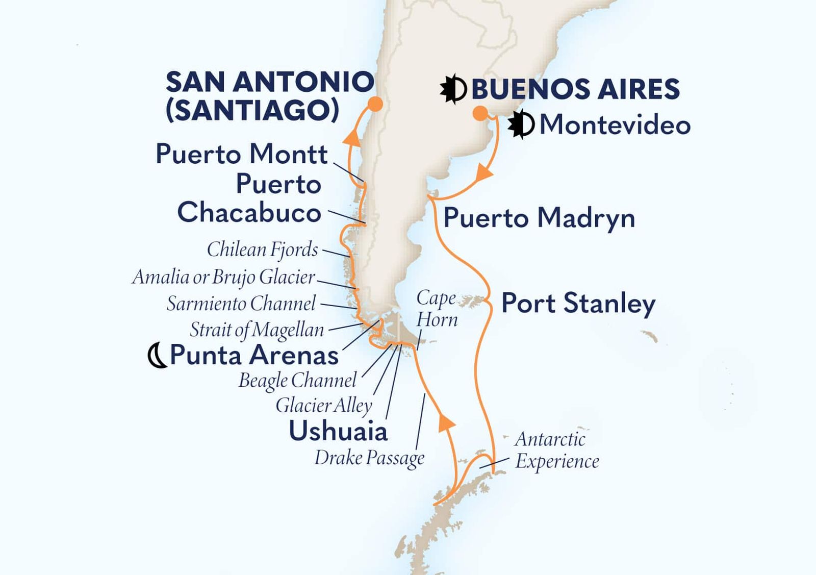 Route map: South America and Antarctica Holiday Cruise