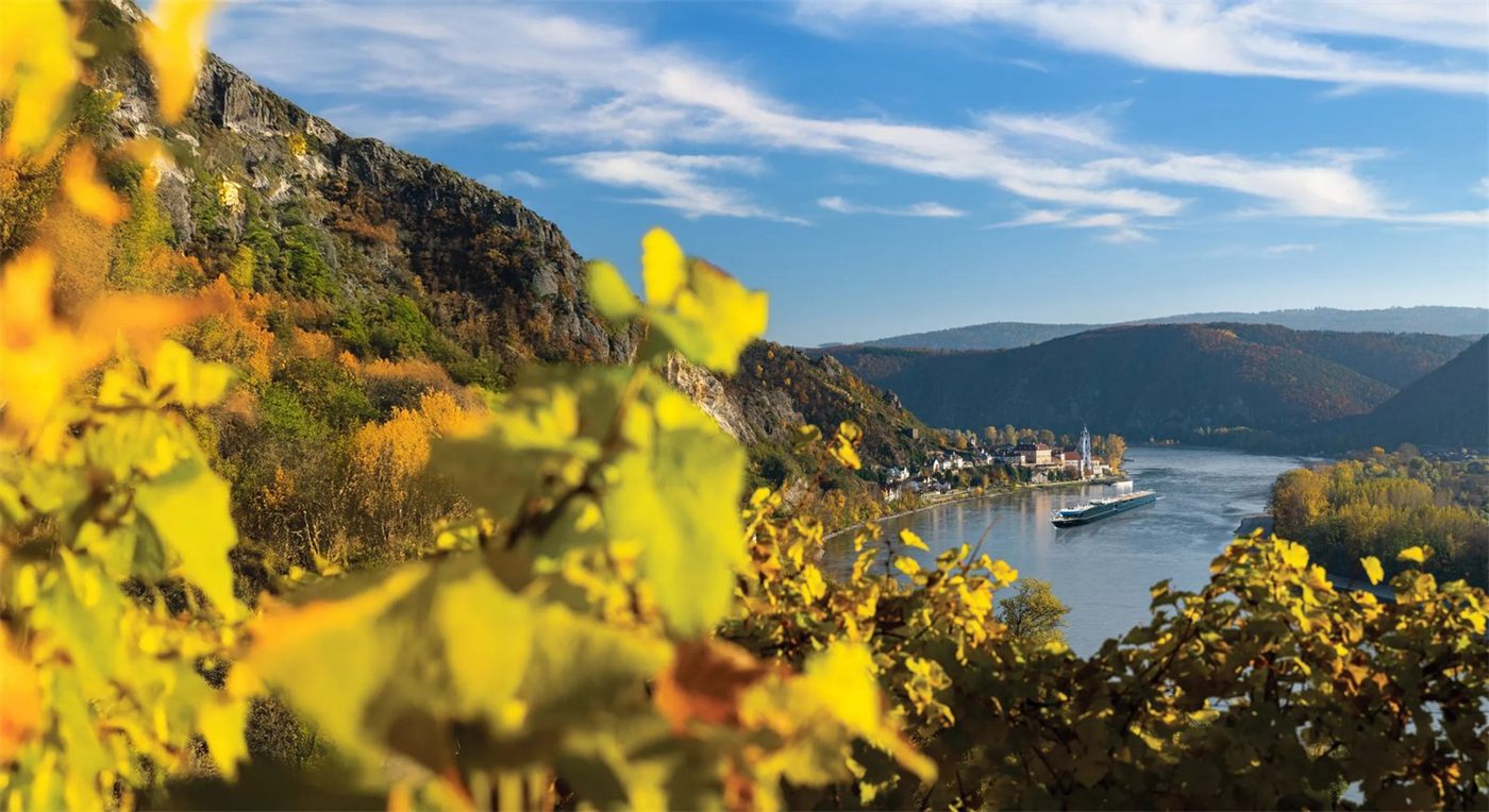 An APT river ship passing Dürnstein in the Wachau Valley, Austria