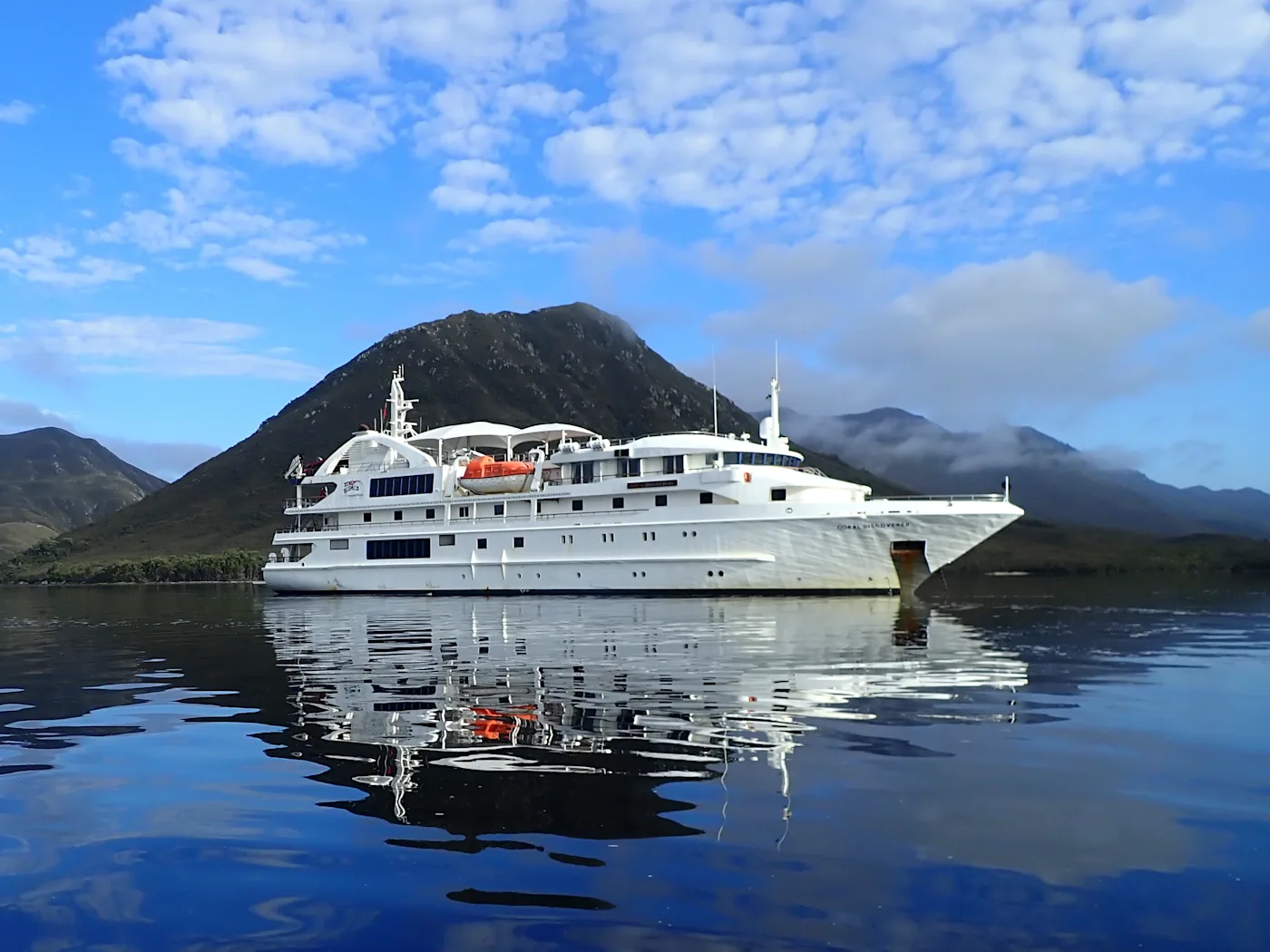 Coral Discoverer at anchor off the Great Barrier Reef
