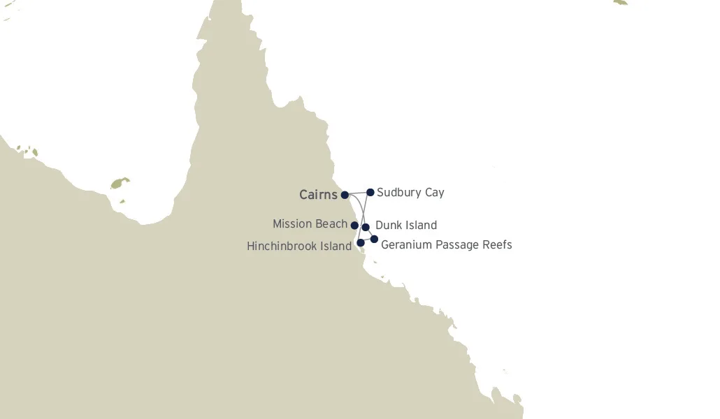Route map: Cairns, Sudbury Cay, Hinchinbrook Island, Geranium Passage Reefs, Dunk Island, Mission Beach, back to Cairns