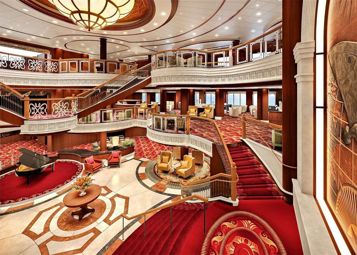 Render of Queen Victoria’s redesigned Grand Lobby, due October 2026