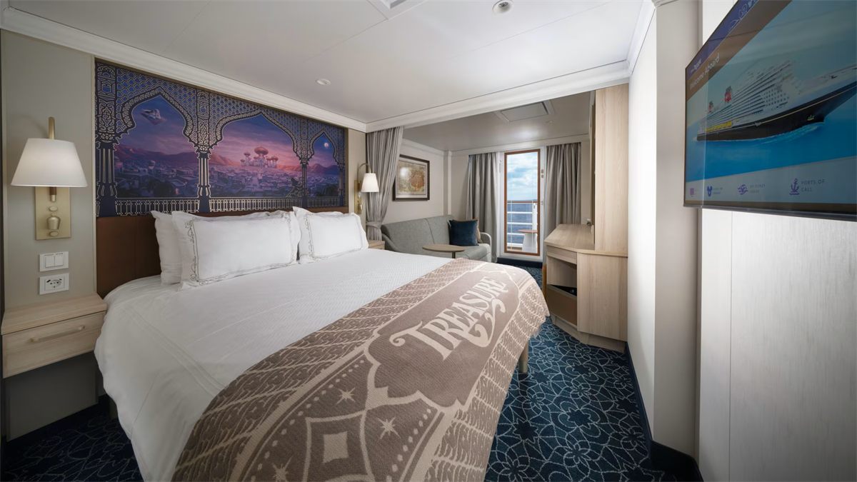 A verandah stateroom aboard Disney Treasure