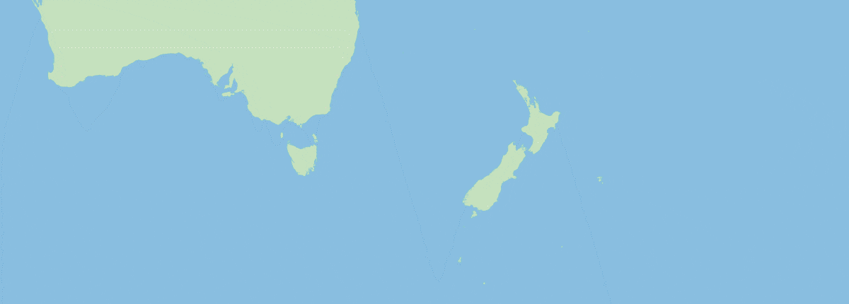 Route map: Auckland, Bay of Islands, Tauranga, Wellington, Christchurch, Dunedin, Dusky Sound, Doubtful Sound, Milford Sound, Sydney