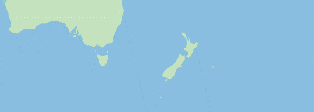 Route map: Sydney, Milford Sound, Doubtful Sound, Dusky Sound, Dunedin, Christchurch, Wellington, Tauranga, Bay of Islands, Auckland