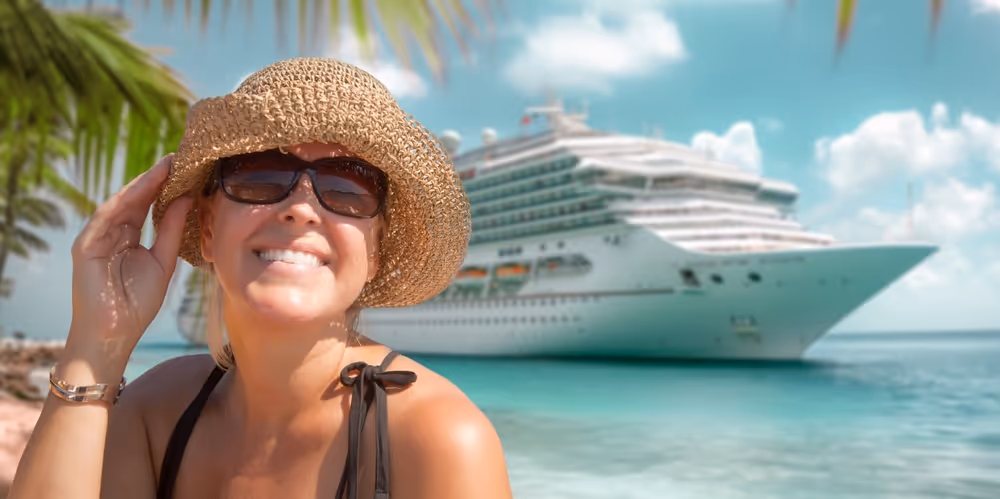 Woman relaxing on the deck of a luxury cruise ship