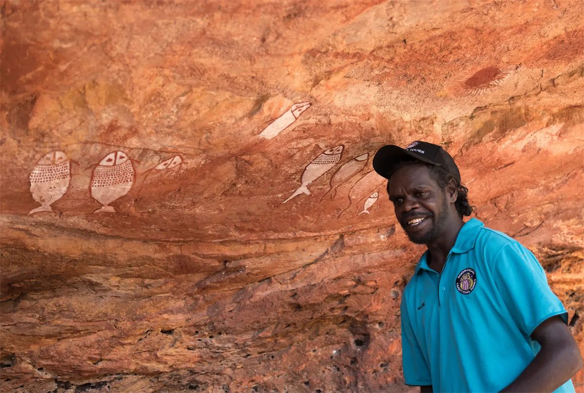 Aboriginal rock art at Freshwater Cove, Kimberley, with a Traditional Owner guide