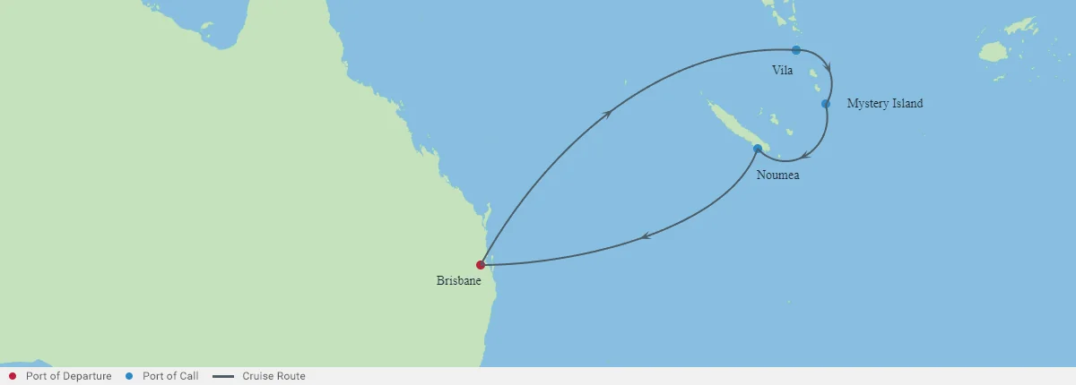 Route map: Brisbane, Port Vila, Mystery Island, Nouméa, back to Brisbane